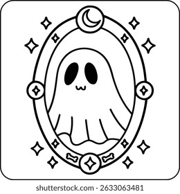 Kawaii Ghost in Mirror Frame Line Art kleurplaat