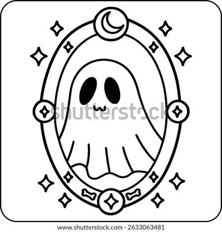 Kawaii Ghost in Mirror Frame Line Art Coloring Page