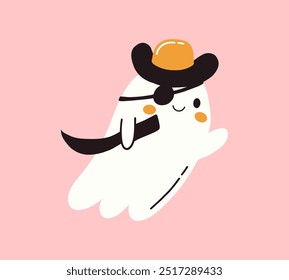 Kawaii ghost one-eyed pirate with sword and hat. Spooky funny happy character. Halloween cute flying ghost. Childish boo phantom character for kids. Vector flat hand drawn illustration