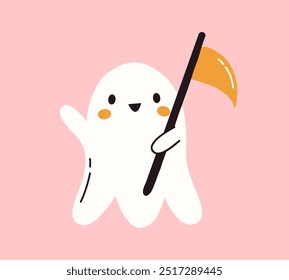 Kawaii ghost with scythe. Spooky funny happy character. Halloween cute flying ghost. Childish boo phantom character for kids. Vector flat hand drawn illustration