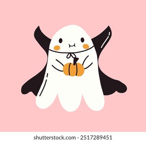 Vampiro fantasma kawaii con capa y calabaza. Personaje feliz divertido espeluznante. Halloween lindo fantasma volador. Personaje fantasma de libro infantil para niños. Vector plano dibujado a mano ilustración