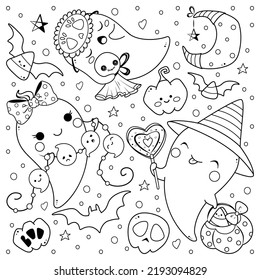 Kawaii Ghosts Halloween Coloring Page Outline Stock Vector (Royalty ...