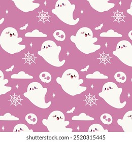 Kawaii Ghosts and Skulls Halloween Pattern. Cute pattern features cute, kawaii style ghosts, skulls, spider webs, and bats on a pink background.