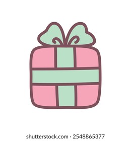 Kawaii gift box icon. Hand drawn illustration of a Christmas present with a green ribbon isolated on a white background. Cute winter holiday sticker. Vector 10 EPS.