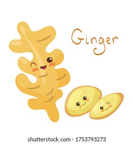 Kawaii Ginger root with slices vector character isolated on white background. Funny smiling spices with hand written lettering. Cute yummy healthy product mascot illustration. Kids menu concept. 