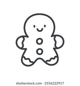 Kawaii Gingerbread Man icon. Hand drawn monochrome illustration of a traditional Christmas cookie isolated on a white background. Cute winter holiday sticker. Vector 10 EPS.