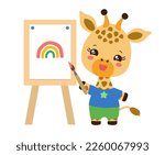 Kawaii giraffe artist drawing with paint brush and easel. Art studies school subject. Funny student cute cartoon giraffe. Kawaii animal holding brush standing by the easel and smiling. Art class sign.