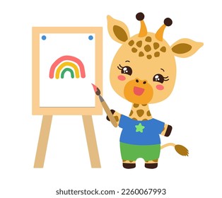 Kawaii giraffe artist drawing with paint brush and easel. Art studies school subject. Funny student cute cartoon giraffe. Kawaii animal holding brush standing by the easel and smiling. Art class sign.