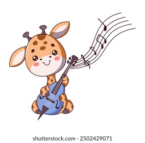 Kawaii giraffe plays enchanting melody on violin flat color vector illustration. Baby music brings sense of tranquility icon on white background