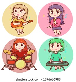 kawaii girl band character, singer, drummer, pianist and guitarist bundle