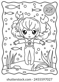 Kawaii girl, cancer, zodiac sign, cute girl, crawfish. Cute characters. Coloring page, page, book, black and white vector illustration.