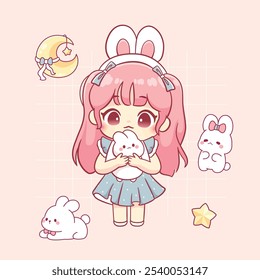 Kawaii girl character carrying cute rabbit cartoon illustration