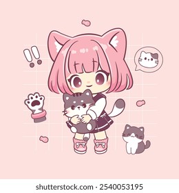 Kawaii girl character carrying cute cat pink theme illustration