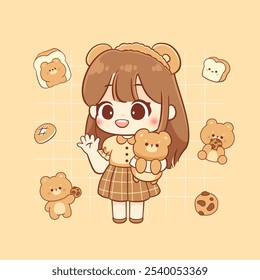 Kawaii girl character carrying teddy bear brown theme cartoon illustration