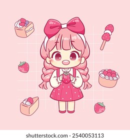 Kawaii girl character with strawberry fruit sweet dessert cartoon illustration