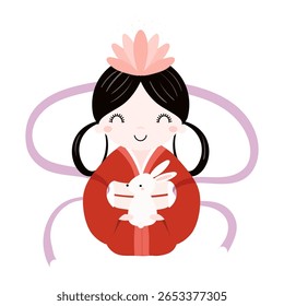 Kawaii girl, Chinese moon goddess Change, holding cute rabbit isolated on transparent. Flat vector illustration. Cute cartoon character. Mid Autumn Festival design element, holiday clip art