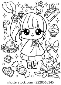 
Kawaii girl in a Christmas cape and decorations. Christmas and New Year. Coloring book for children. Black and white vector illustration.