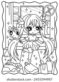 Kawaii girl, gemini, zodiac sign, cute girl, twins, shopping, mirror. Cute characters. Coloring page, page, book, black and white vector illustration.