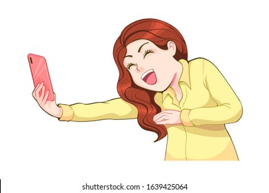 Kawaii girl holding cellphone, using mobile for selfie. Cute woman smiling, posing,looking at smartphone. Flat cartoon vector illustration.