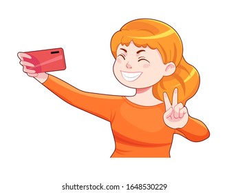 Kawaii girl holding cellphone, using mobile for selfie. Cute woman smiling, posing,looking at smartphone. Flat happy cartoon vector