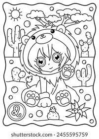 Kawaii girl, leo, zodiac sign, 
cute girl in lion pajamas. Cute characters. Coloring page, page, book, black and white vector illustration.