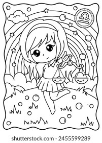 Kawaii girl, libra zodiac sign, zodiac sign, cute girl, rainbow. Cute characters. Coloring page, page, book, black and white vector illustration.