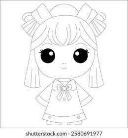 Kawaii Girl Line Draw Chibi Coloring Page.