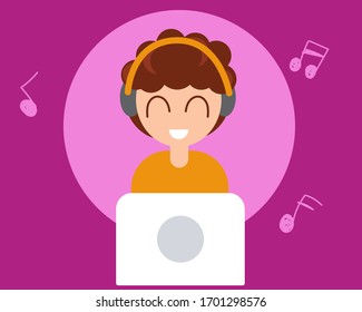 Kawaii girl is listening to the music with happy smile.