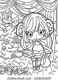 Kawaii girl near the Christmas tree. Christmas and New Year. Coloring book for children. Black and white vector illustration.