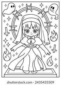 Kawaii Mädchen Nonne, Geister, Stacheldraht.Malbuch für Kinder. Malbuch für Erwachsene. Halloween.