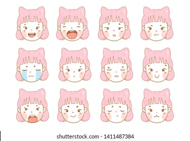 Kawaii girl with pink hair and cat ears. Various face emotions. Cute funny character. Hand drawn vector set. Colored trendy illustration. Flat design. All elements are isolated