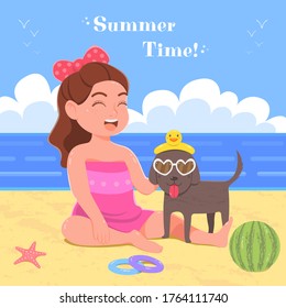 Kawaii girl play with dog, summer vacation on sea beach, holiday vector illustration