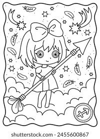 Kawaii girl, sagittarius zodiac sign, zodiac sign, cute girl with an arrow. Cute characters. Coloring page, page, book, black and white vector illustration.