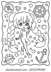 Kawaii girl, scorpio zodiac sign., zodiac sign, cute girl underwater. Cute characters. Coloring page, page, book, black and white vector illustration.