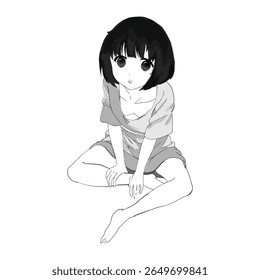 kawaii girl short hair black and white handdrawn cute pose