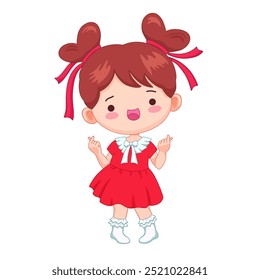 Garota Kawaii mostrando o sinal de dedo do coração, o que significa que eu te amo. Ilustração vetorial. Anime chibi menina coreano chinês japonês design. Garota K-pop com sinal de coração sarangha. Gráfico vetorial de caracteres Chibi.