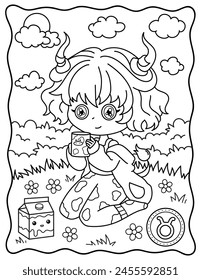 Kawaii girl, taurus, zodiac sign, cute girl, milk, park. Cute characters. Coloring page, page, book, black and white vector illustration.