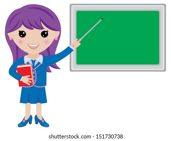 Kawaii Girl Teacher with Book, Pointer and Blank Blackboard