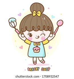 Kawaii girl vector cute bakery shop food logo cartoon for kid dessert birthday cake: Series Sweet Chef cooking, Girly doodle. Magic character on white background illustration. Perfect design fashion.