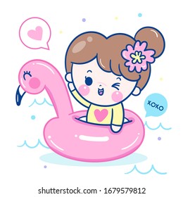 Kawaii girl vector with flamingo cartoon Rubber ring floating in sea: Series Summer holiday Pool party characters,Girly Doodle. Perfect for kids greeting card design,t-shirt print, inspiration poster.