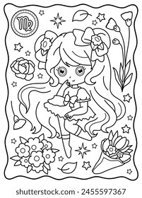 Kawaii girl, Virgo, zodiac sign, 
cute girl with flowers. Cute characters. Coloring page, page, book, black and white vector illustration.