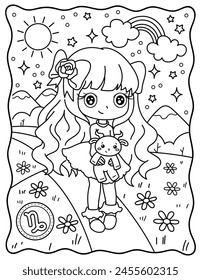 Kawaii girl, сapricorn zodiac sign, zodiac sign, cute girl with toy. Cute characters. Coloring page, page, book, black and white vector illustration.