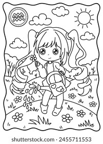 Kawaii girl, аquarius zodiac sign, zodiac sign, cute girl. Cute characters. Coloring page, page, book, black and white vector illustration.