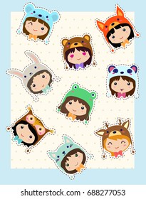 Kawaii girls in animals hats. Cute emoticon sticker set.