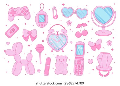 Kawaii Glamour. setzen. Die Accessoires der Frauen sind in Rosa. Teenage Girly Style. Nostalgischer Pinkcore-Stil der 2000er Jahre. Lipstick, Brille, Ticket, Lollipop-Ring, Gelee Bären Gummy, Kirsche, Schmetterling, Flip-Telefon.