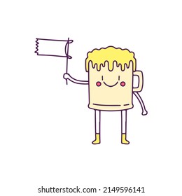 Kawaii glass of beer holding flag, illustration for t-shirt, street wear, sticker, or apparel merchandise. With doodle, retro, and cartoon style.