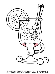 Kawaii glass of mulled wine, winter holiday drink coloring page. Outline cartoon vector illustration