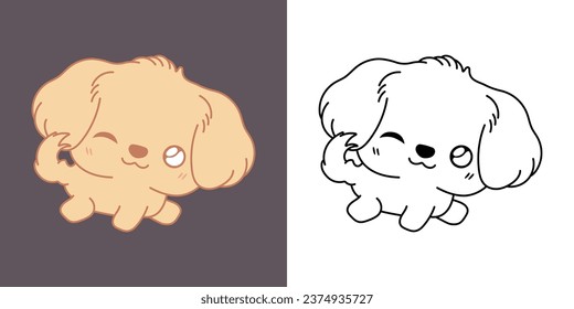 Kawaii Golden Retriever Dog Multicolored and Black and White. Beautiful Isolated Puppy. Funny Vector Illustration of a Kawaii Animal for Prints for Clothes, Stickers, Baby Shower. 