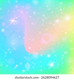 Gradiente de Kawaii. Patrón de arco iris verde. Invitación mágica. Efecto Galaxia de cuento de hadas. Fondo Abstractas amarillo. Holograma de Sparkles rosado. Brillo de unicornio. Gradiente Kawaii de ensueño.