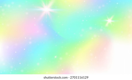 Kawaii-Farbverlauf. rosafarbener Regenbogen-Hintergrund und schönes Einhorn-Hologramm. Das violette Prinzessinnenmuster. Fantasy Cartoon Dream mit glänzendem holografischem Star Design. Blauer Kawaii-Farbverlauf.